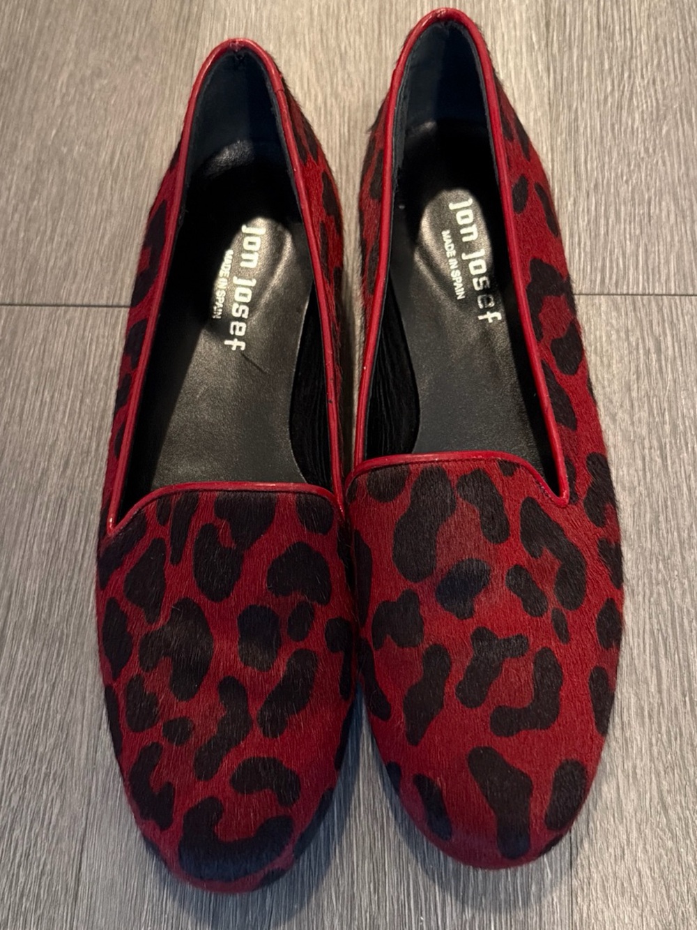 Jon Josef Red Leopard Print Calf Hair Loafers for Women